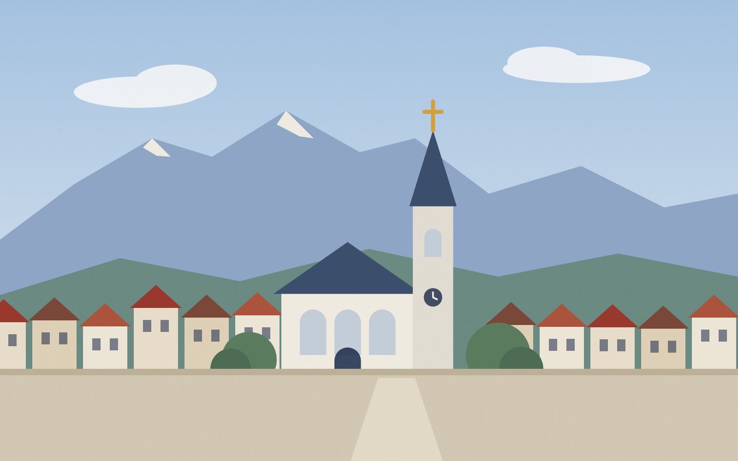 Illustration einer Kirche zwischen Häusern vor Bergen, nicht das echte Gebäude