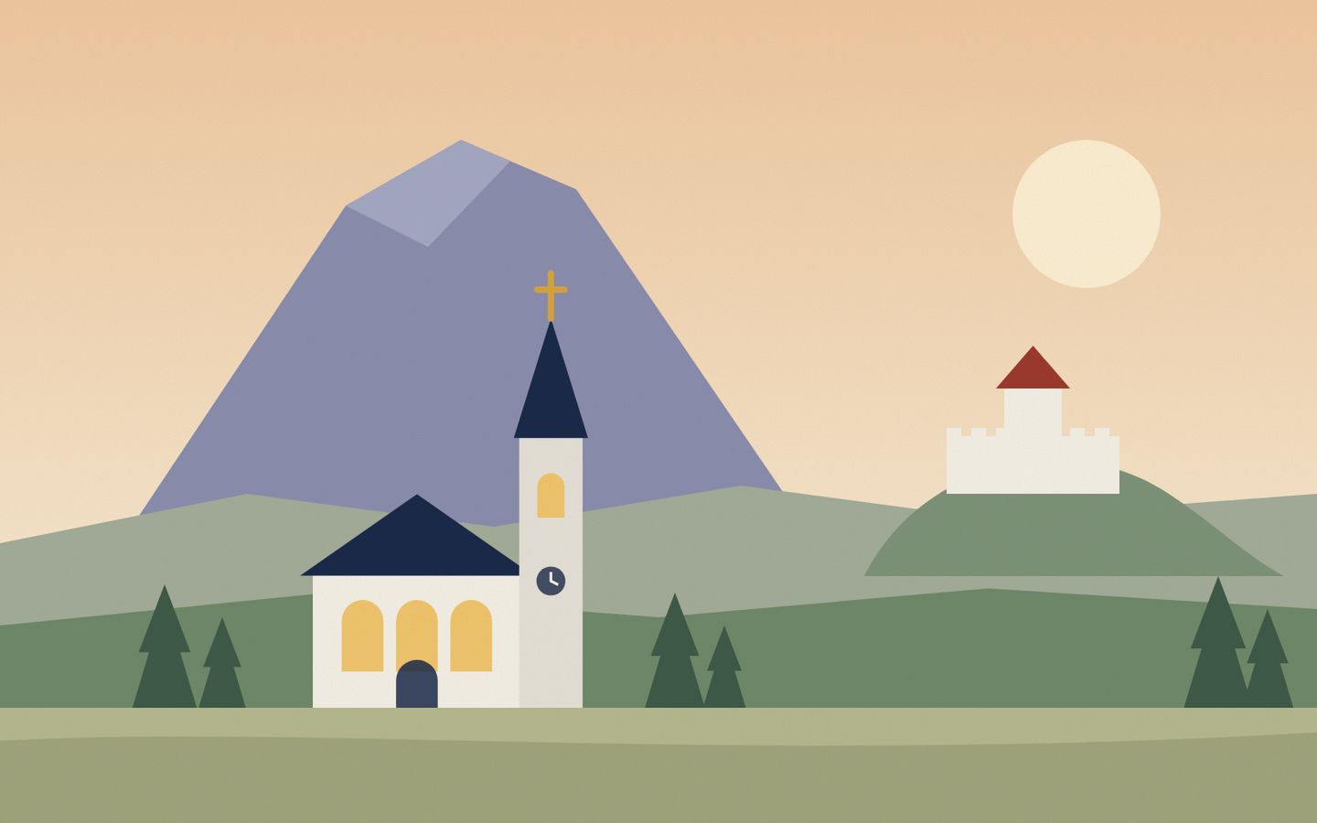 Illustration einer Kirche unter einem Berg, mit einer Burg auf einem Hügel, nicht das echte Gebäude